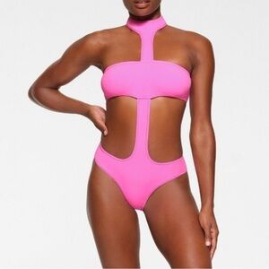 Skims Recycled Swim Cut Out Halter Monokini Taffy Pink One Piece Swimsuit NWT